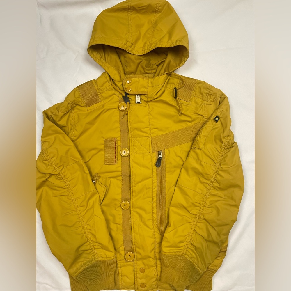 Alpha Industries Men's Yellow Mustard Hooded Full Zip Bomber Jacket Size Large